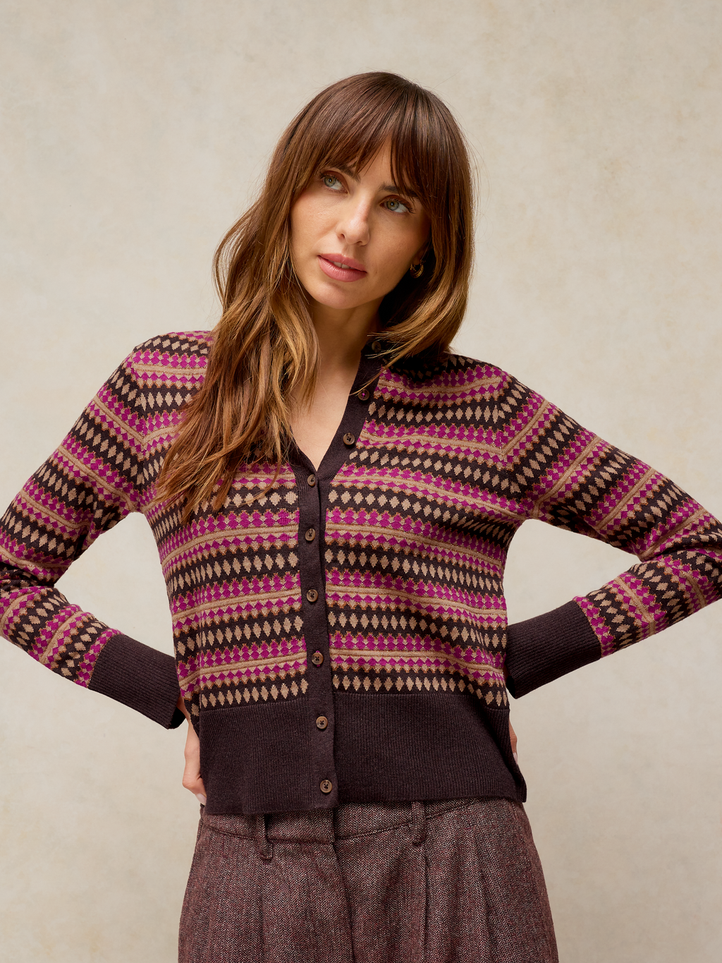 Cardigan Marron imprimé losanges - 98% coton bio